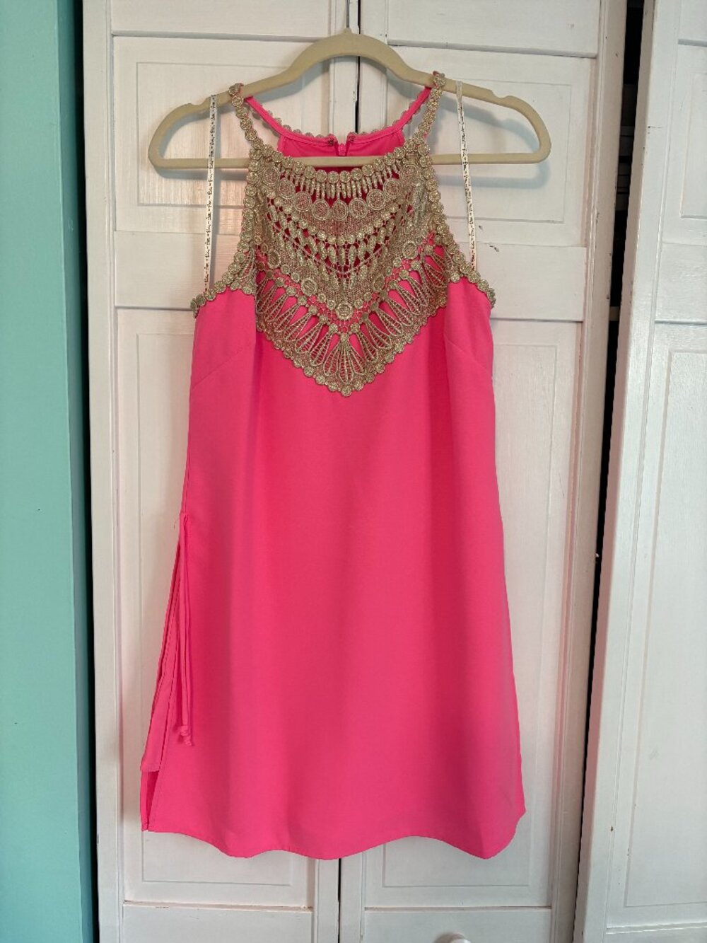 Lilly Pulitzer Hot Pink Gold Crochet Lace Halter Shift Romper/Dress